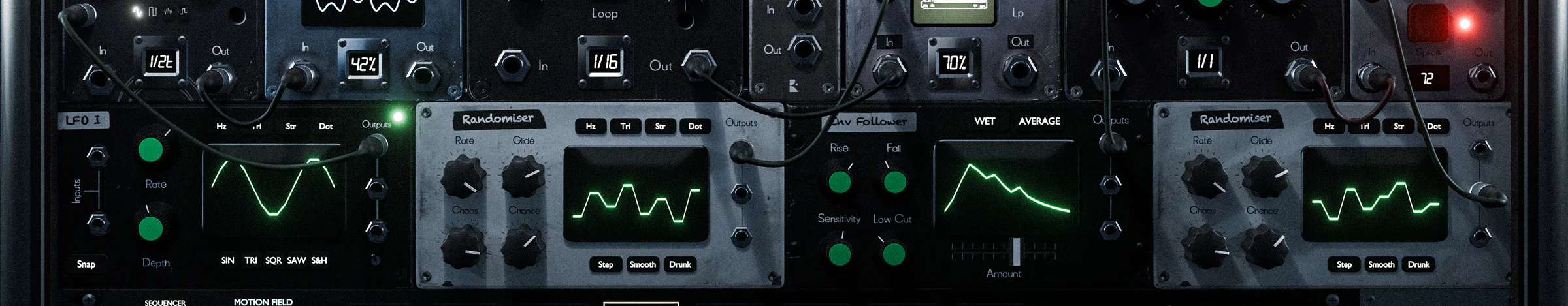 A band across the MOD-FX rack seen straight on: patch cables, and the LFO, Randomiser and Envelope Follower screens below them.