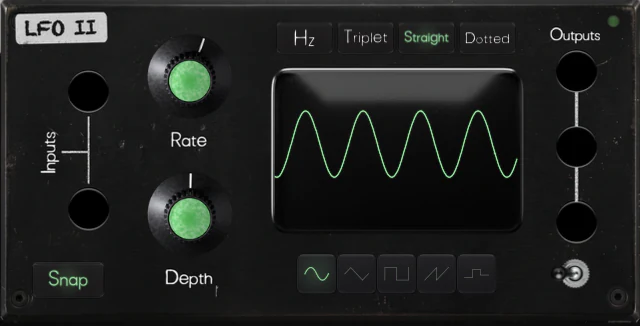 The LFO modulator panel: rate and depth knobs, a waveform display and three outputs.