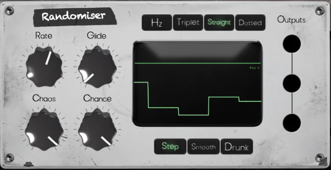 The Randomiser modulator panel: rate, chaos and glide controls with a mode switch.