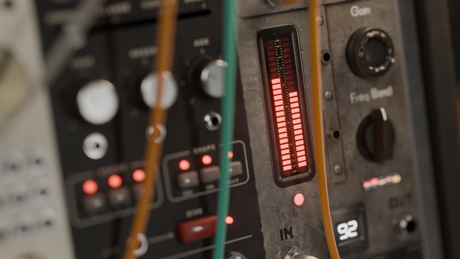 Cinematic close-up of MOD-FX 2.0 illuminated meters and patch cables