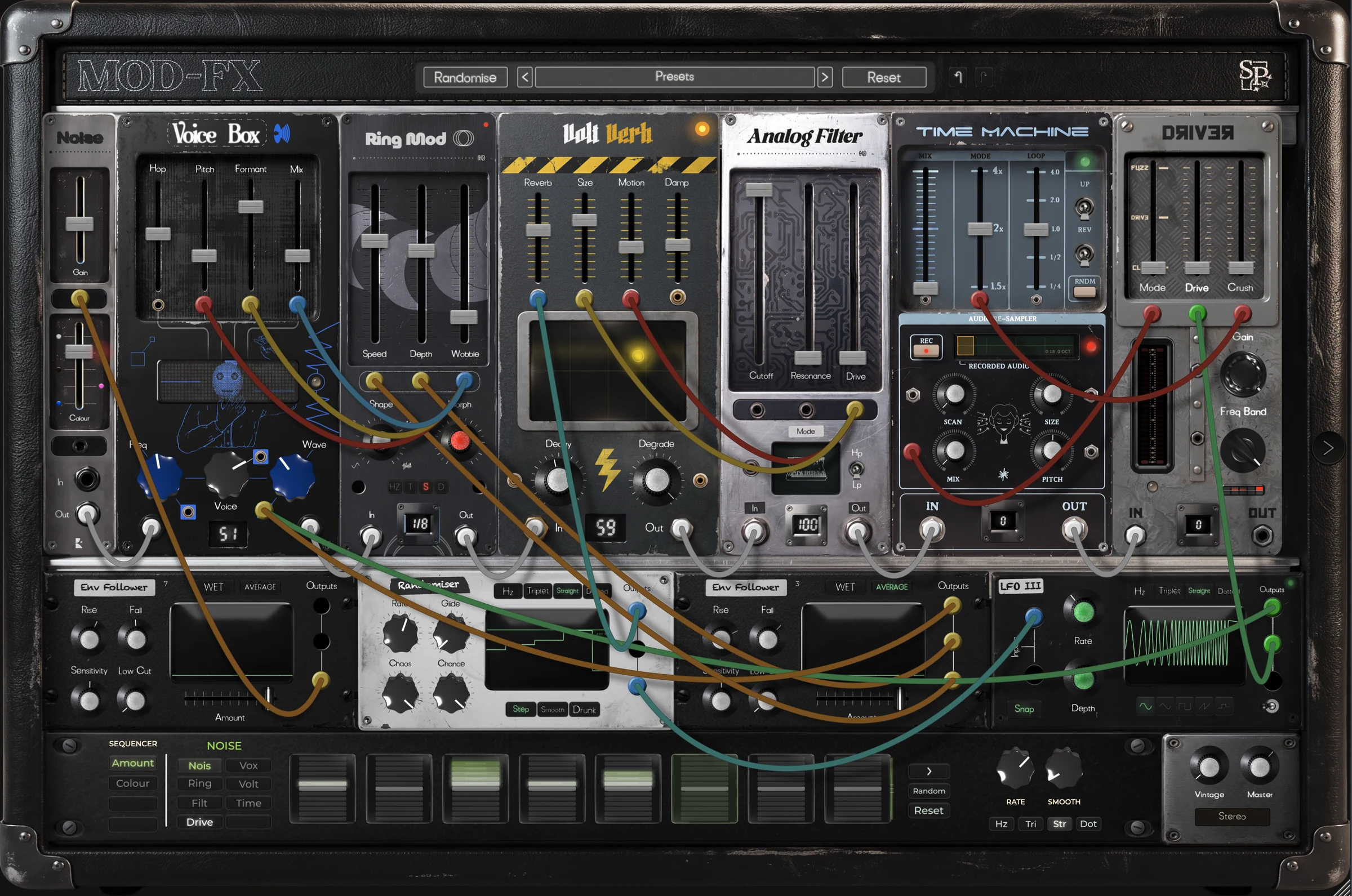 The MOD-FX 1.5 rack, densely patched: seven modules cabled in a chain with four modulator cells driving them from below.