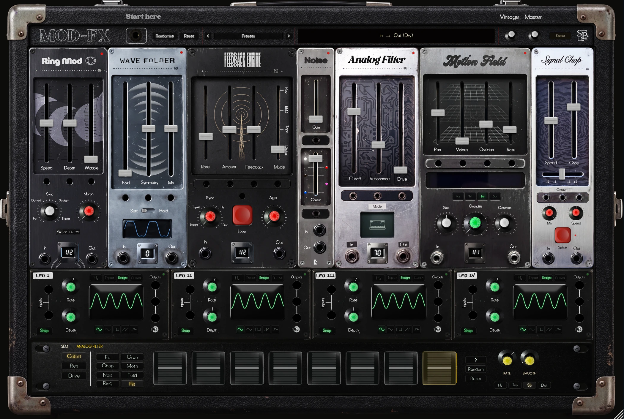 The MOD-FX interface: six effect modules across the top, a row of modulators below them, and an eight step sequencer along the bottom, patched together with cables. The case's page arrow turns to the other seven.